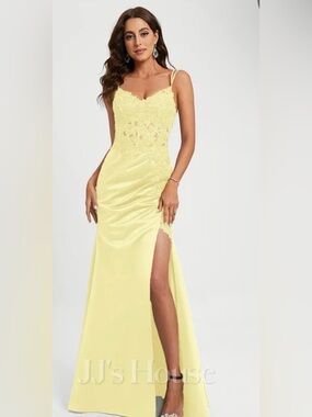 Yellow Satin Lace Corset Mermaid Gown Slit Formal Prom Dress S